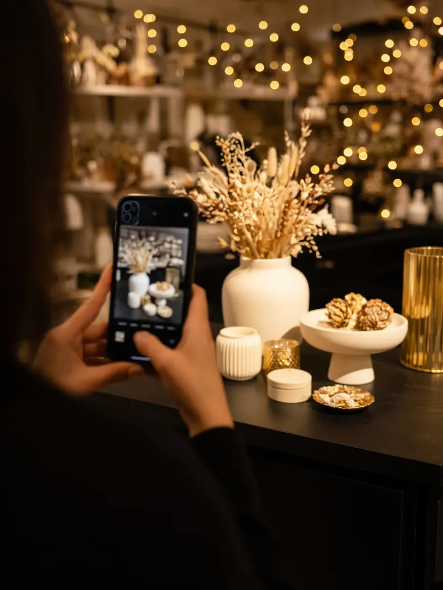 Hands filming a styled product display on a phone in a cozy boutique
