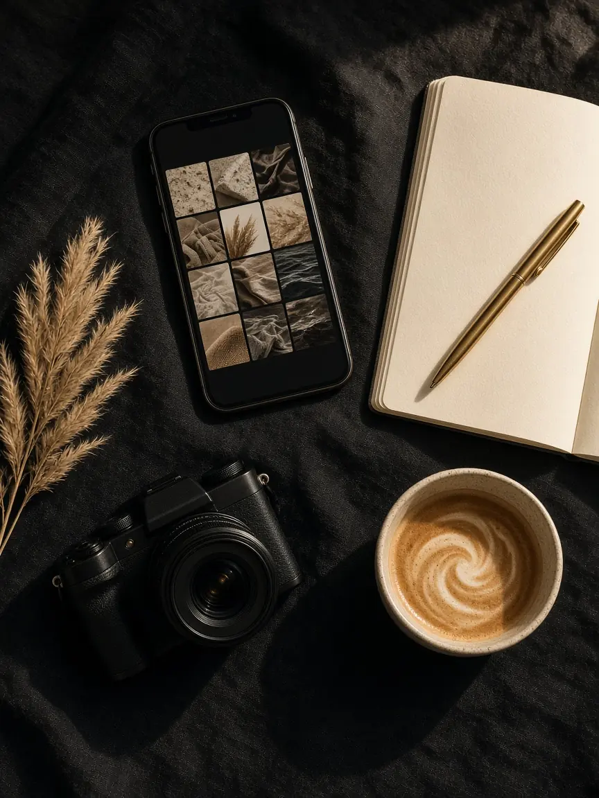 Phone with a photo grid, camera, notebook and latte on black linen