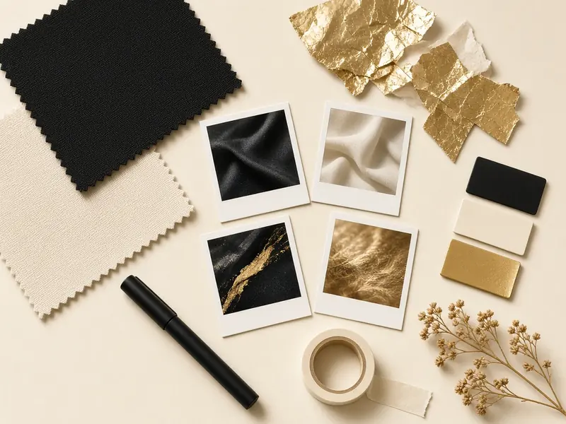 Mood board with black, cream and gold swatches and photo prints